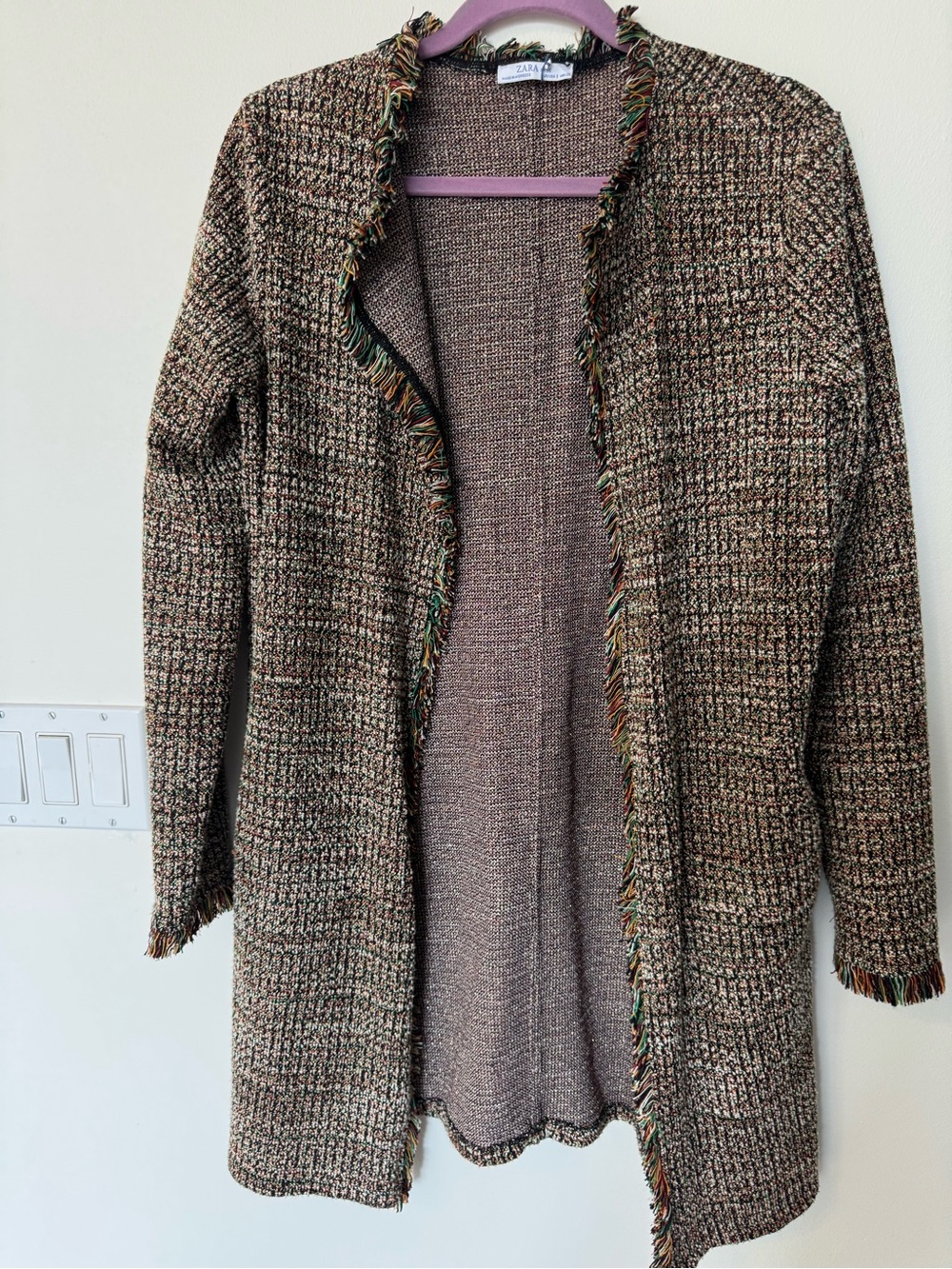 ZARA Fringe Tweed Open Front Cardigan Jacket (Tag S - Fits Oversized)